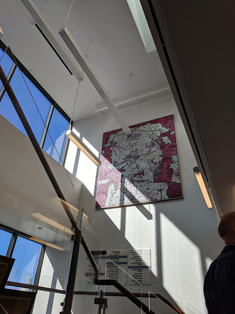 stairwell with wall of windows